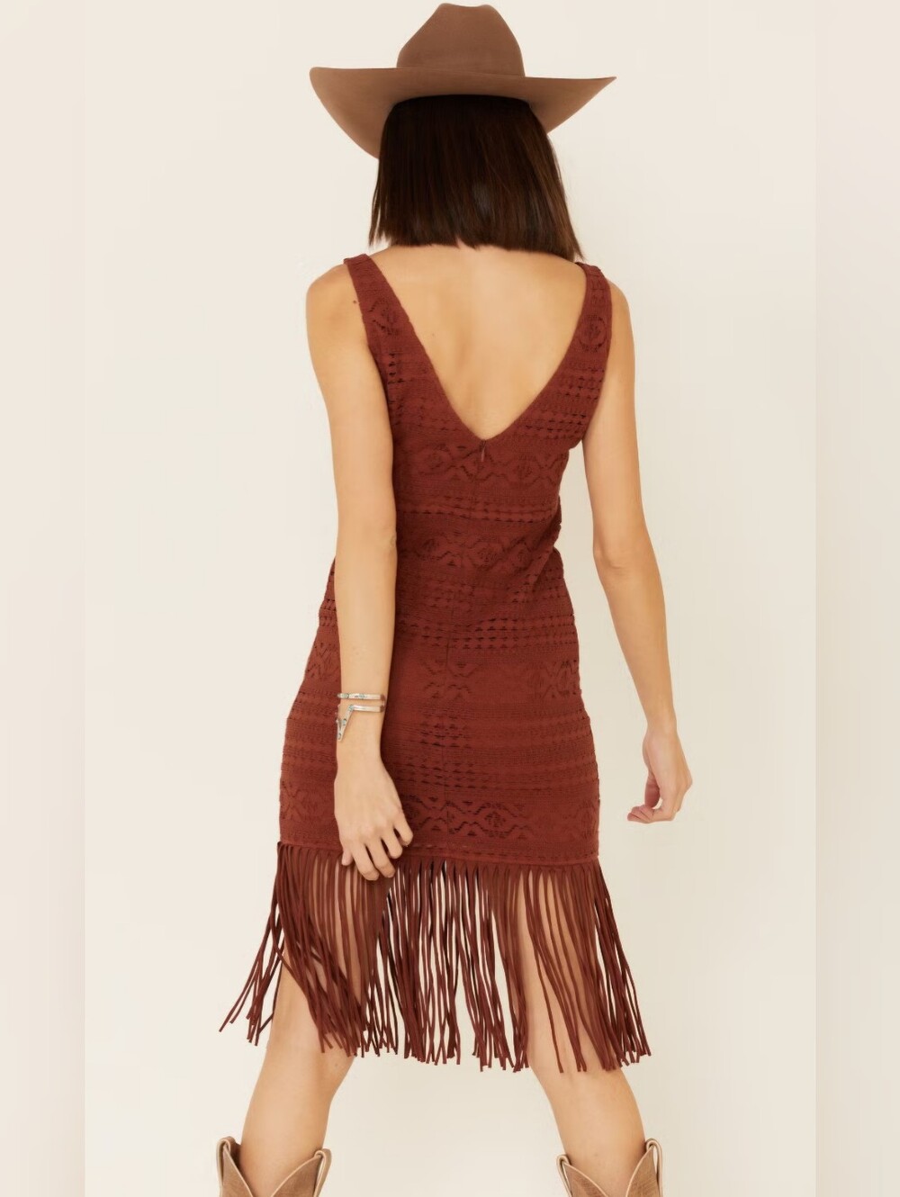 SHYANNE Western 100% Cotton Crochet Fringe Sleeveless Midi Dress Large Rust - Picture 2 of 13